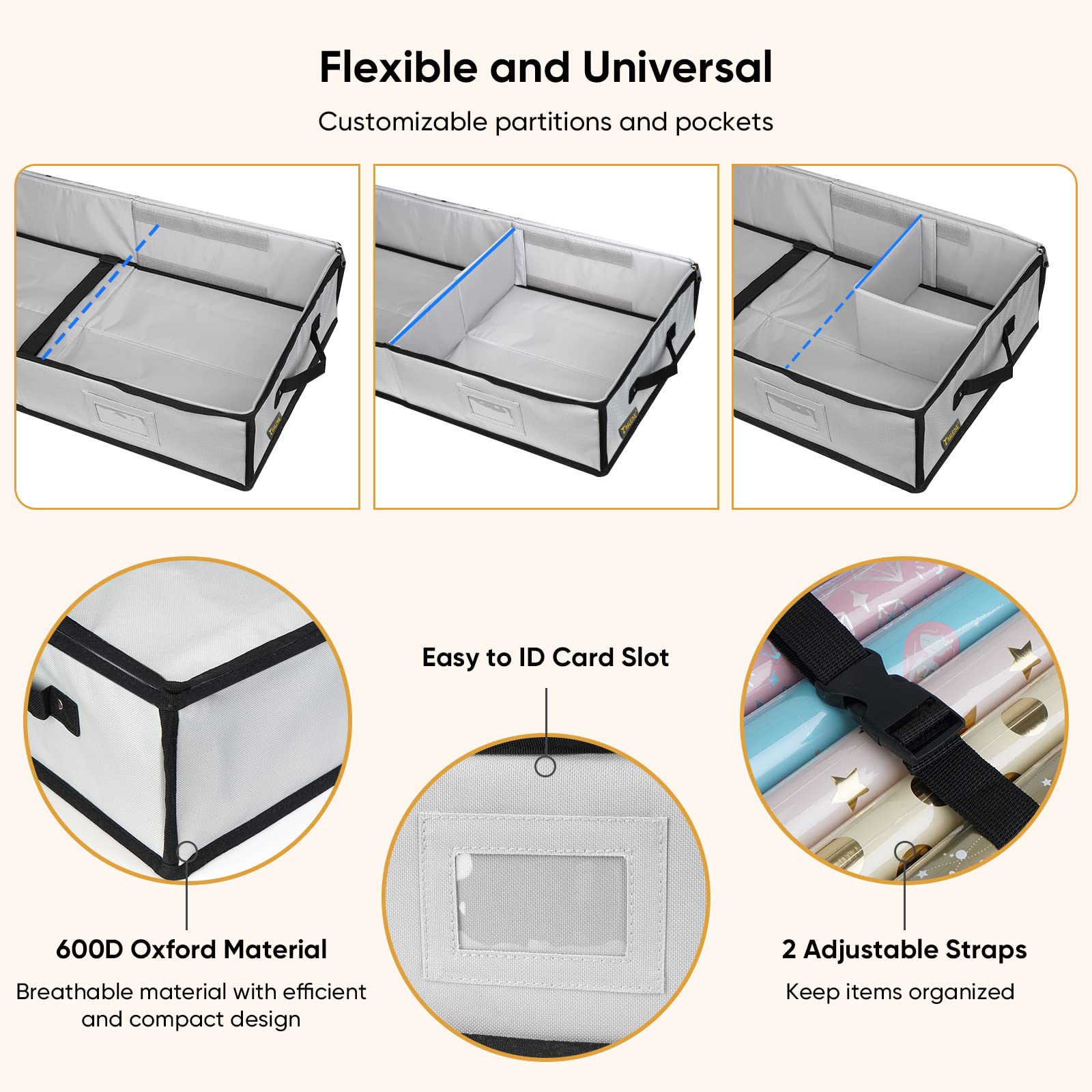 Baleine Christmas Wrapping Paper Storage Organizer With Flexible Partitions And Pockets, 40'' Durable 600D Oxford Fabric Gift Wr